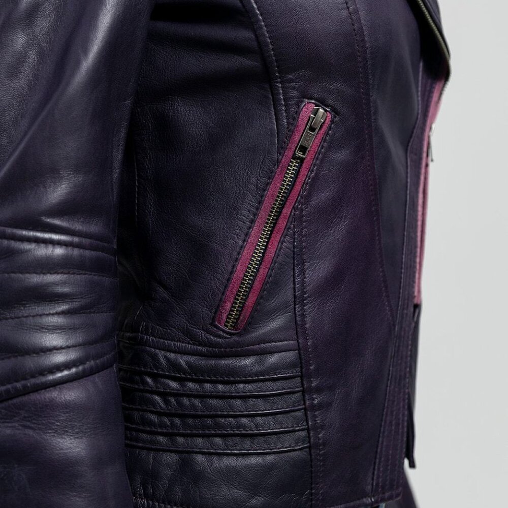 Purple Leather Moto Jacket with Pink Trim - Women's Fashion - Picture 4 of 6